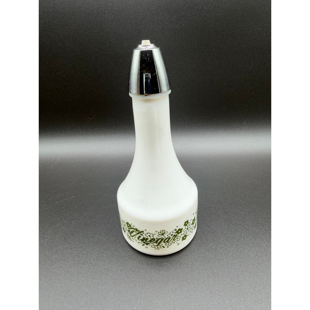 Vintage Gemco USA Milk Glass Vinegar Cruet Green Floral Handle Bottle MCM